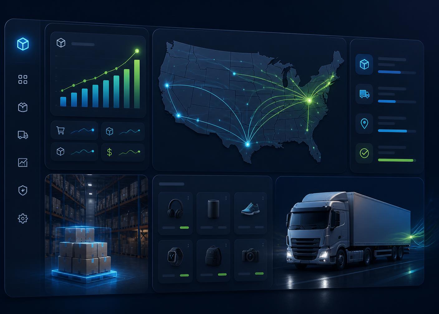 Vultar Hub BD warehouse dashboard showing US shipping routes, live order analytics, and same-day fulfillment